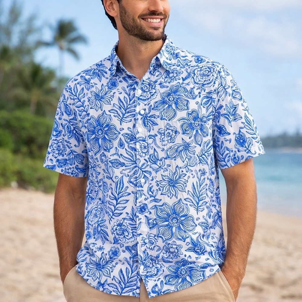 Blue White Floral‎ Hawaiian Shirt Mens L Rayon Tropical Camp Beach Resort Aloha